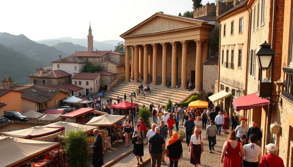 A picturesque village nestled in the rolling hills, the annual Choralies festival comes alive. In the foreground, a bustling marketplace filled with colorful stalls and locals in traditional garb, their voices harmonizing in joyous song. Winding cobblestone streets lead to a grand Antique Theater, its ancient columns and arches bathed in warm, golden light. Beyond, the Espace Culturel stands tall, its modern architecture contrasting with the historic village backdrop. Across the scene, visitors explore the quaint lanes, pausing to admire the charming architecture and take in the vibrant atmosphere of the Choralies festivities.