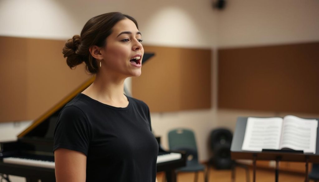 A studio scene with a vocalist performing vocal technique exercises. In the foreground, a young woman stands with proper posture, her mouth open in an "ah" shape, demonstrating diaphragmatic breathing. Behind her, a piano and music stand set the scene as a practice space. Soft, even lighting illuminates the space, emphasizing the focus and concentration of the performer. The background is blurred, keeping the attention on the technical aspects of the vocal performance. Hints of a rehearsal space or music classroom can be seen, conveying the educational context. The overall mood is one of instruction and dedication to the craft of choral singing.