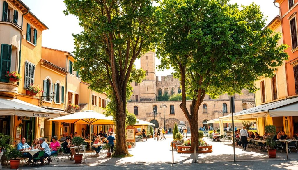 A sun-dappled, vibrant town square in Vaison-la-Romaine, France. In the foreground, the historic Place Burrus, lined with charming cafes and bistros, their outdoor seating areas bustling with patrons enjoying local fare and lively conversation. In the middle ground, a harmonious blend of traditional Provençal architecture and modern accents, with colorful window boxes and potted plants adding pops of greenery. The background features the iconic bell tower and ancient Roman ruins, casting a sense of timeless elegance over the scene. Warm, golden afternoon light filters through the trees, creating a inviting, convivial atmosphere perfect for a leisurely meal amidst the Choralies festivities.