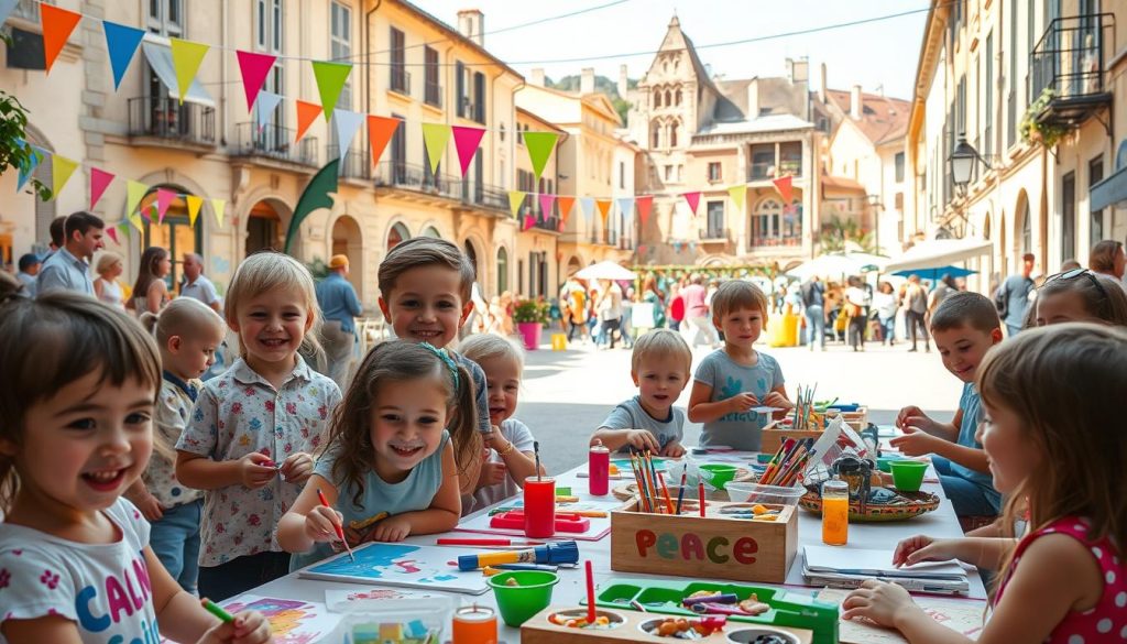 A vibrant and playful scene of the "Espace juniors" at the Choralies festival in Vaison-la-Romaine. In the foreground, a group of smiling children engaged in various creative activities - painting, crafting, and playing with educational toys. The middle ground features an open, airy space with colorful banners and decorations, inviting young visitors to explore and discover. In the background, a backdrop of the historic city of Vaison-la-Romaine, with its charming medieval architecture and sun-dappled streets, creating a warm and inviting atmosphere. The lighting is soft and natural, casting a gentle glow over the scene. The overall composition conveys a sense of joy, learning, and a celebration of youth and creativity.