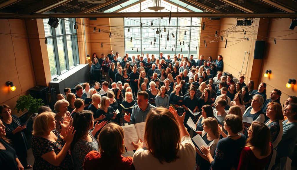 A vibrant choral network unfolds, a tapestry of harmonious voices woven together. In the foreground, a choir performs with joyful expression, their gestures conveying the passion of À Cœur Joie. The middle ground reveals a bustling rehearsal space, music stands and sheet music creating a dynamic energy. In the background, a panoramic view showcases the interconnected network of choral groups, linked by shared purpose and the art of collective song. Warm, natural lighting filters through large windows, creating a sense of warmth and community. The overall atmosphere is one of unity, creativity, and the transformative power of choral music. A vibrant choral network unfolds, a tapestry of harmonious voices woven together. In the foreground, a choir performs with joyful expression, their gestures conveying the passion of À Cœur Joie. The middle ground reveals a bustling rehearsal space, music stands and sheet music creating a dynamic energy. In the background, a panoramic view showcases the interconnected network of choral groups, linked by shared purpose and the art of collective song. Warm, natural lighting filters through large windows, creating a sense of warmth and community. The overall atmosphere is one of unity, creativity, and the transformative power of choral music.