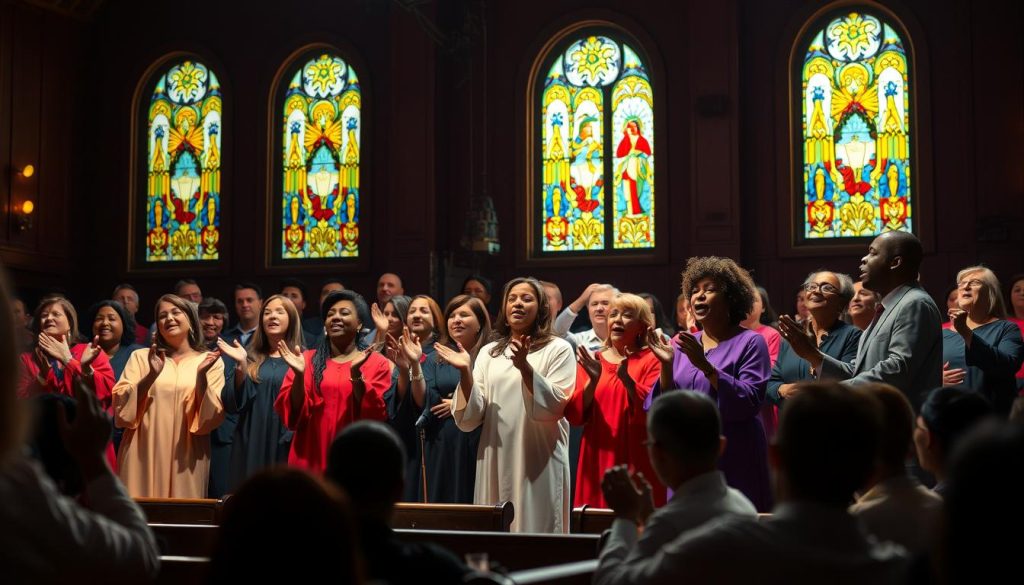 A vibrant gospel choir performing on a dimly lit stage, their soulful voices filling the air with a powerful, uplifting energy. The singers are dressed in robes of various colors, swaying and clapping in unison, their faces alight with joy and passion. Behind them, a backdrop of stained glass windows casts a warm, ethereal glow, while the audience is seated in pews, their hands raised in praise. The scene is captured with a wide, cinematic lens, emphasizing the grandeur and communal spirit of the performance. The overall mood is one of reverence, celebration, and the transcendent power of music.