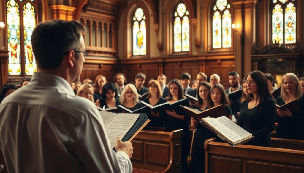 A warm, inviting choral rehearsal scene in a Parisian church. In the foreground, a conductor stands before a choir, their faces illuminated by soft, natural lighting from stained glass windows. The middle ground features the choir members, some singing with eyes closed, others flipping through sheet music. In the background, wooden pews and ornate architectural details set the stage for this intimate musical gathering. The atmosphere is one of focused, collaborative practice - a moment of shared passion and dedication to the choral arts.