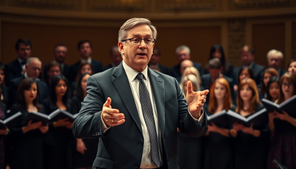 A well-dressed, distinguished-looking choir conductor standing in front of a large, harmonious choir, leading them with expressive gestures and a focused expression. The choir is dressed in formal attire, creating a sense of unity and professionalism. The scene is set in a warm, inviting performance space, with soft, dramatic lighting illuminating the conductor and choir, emphasizing the emotional connection and artistic energy of the moment. A well-dressed, distinguished-looking choir conductor standing in front of a large, harmonious choir, leading them with expressive gestures and a focused expression. The choir is dressed in formal attire, creating a sense of unity and professionalism. The scene is set in a warm, inviting performance space, with soft, dramatic lighting illuminating the conductor and choir, emphasizing the emotional connection and artistic energy of the moment.