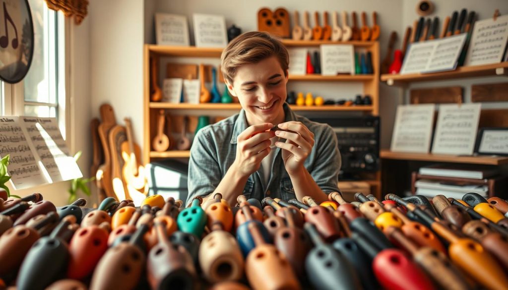 A beautifully arranged display of various ocarinas in a warm, inviting setting. In the foreground, showcase a selection of ocarinas made from different materials such as clay, wood, and plastic, each with varying numbers of finger holes, highlighting their unique designs and colors. The middle ground features a person, dressed in casual attire, thoughtfully examining an ocarina with a gentle smile, radiating interest and curiosity. In the background, a softly lit music studio with shelves displaying more ocarinas and sheet music creates an inspiring ambiance. Natural light filters through a window, casting gentle shadows and giving a cozy atmosphere. This scene conveys a sense of exploration and musicality, perfect for showcasing the beauty and variety of choosing the right ocarina. A beautifully arranged display of various ocarinas in a warm, inviting setting. In the foreground, showcase a selection of ocarinas made from different materials such as clay, wood, and plastic, each with varying numbers of finger holes, highlighting their unique designs and colors. The middle ground features a person, dressed in casual attire, thoughtfully examining an ocarina with a gentle smile, radiating interest and curiosity. In the background, a softly lit music studio with shelves displaying more ocarinas and sheet music creates an inspiring ambiance. Natural light filters through a window, casting gentle shadows and giving a cozy atmosphere. This scene conveys a sense of exploration and musicality, perfect for showcasing the beauty and variety of choosing the right ocarina.