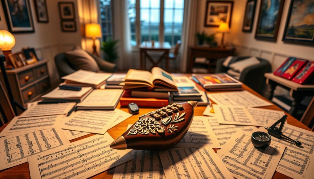 A beautifully arranged workspace for learning the ocarina, featuring an intricately designed ocarina in the foreground, surrounded by colorful sheet music of iconic tunes from "Ocarina of Time." The middle ground showcases a wooden table cluttered with various learning resources such as instructional books, a metronome, and music notation guides, all bathed in warm, inviting light. In the background, a cozy room with soft, ambient lighting creates a serene atmosphere, with walls adorned with framed artwork inspired by the game. A faint, blurred window reveals a peaceful outdoor scene, enhancing the mood of creativity and focus. The entire composition emphasizes the joy and learning associated with mastering the ocarina. A beautifully arranged workspace for learning the ocarina, featuring an intricately designed ocarina in the foreground, surrounded by colorful sheet music of iconic tunes from "Ocarina of Time." The middle ground showcases a wooden table cluttered with various learning resources such as instructional books, a metronome, and music notation guides, all bathed in warm, inviting light. In the background, a cozy room with soft, ambient lighting creates a serene atmosphere, with walls adorned with framed artwork inspired by the game. A faint, blurred window reveals a peaceful outdoor scene, enhancing the mood of creativity and focus. The entire composition emphasizes the joy and learning associated with mastering the ocarina.