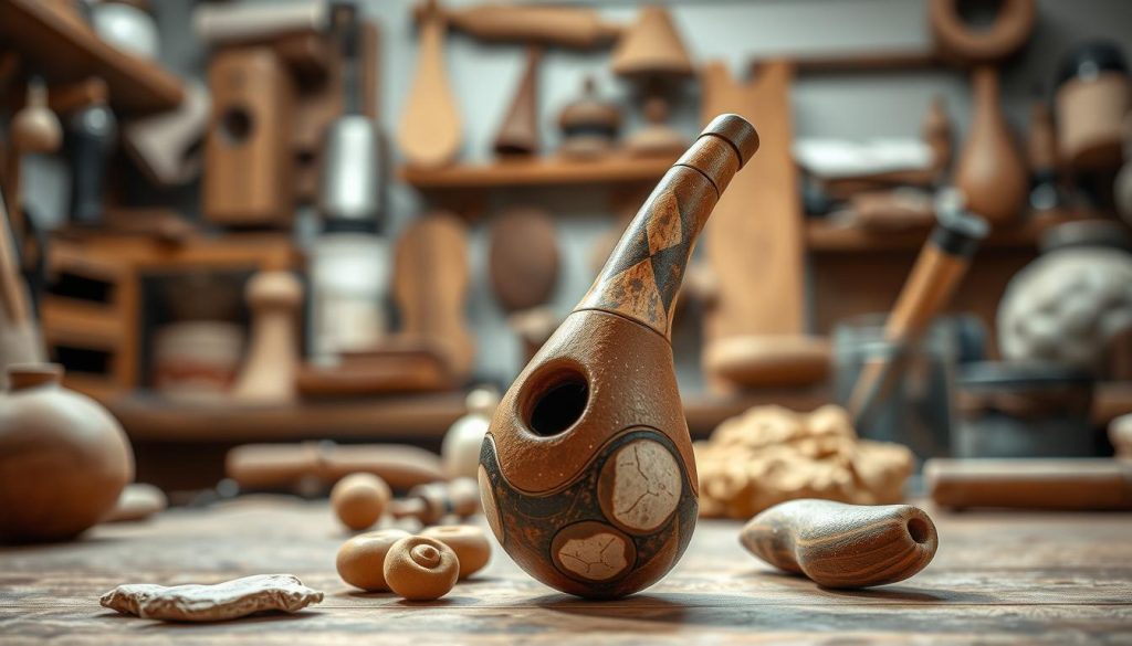 A beautifully crafted ocarina made from various materials, including clay, wood, and ceramic, displayed prominently in the foreground. The ocarina should be intricately designed with natural textures and earth tones, reflecting its artisanal quality. In the middle background, a softly blurred workshop setting showcases tools and raw materials, hinting at the craftsmanship involved in creating these instruments. The lighting is warm and inviting, with soft shadows to create depth, illuminating the ocarina’s curves and details. The atmosphere conveys a sense of harmony and appreciation for music, with gentle ambient light that highlights the ocarina's beauty. The angle should be slightly elevated to emphasize the ocarina and its craftsmanship, allowing viewers to appreciate its sound potential and materiality. A beautifully crafted ocarina made from various materials, including clay, wood, and ceramic, displayed prominently in the foreground. The ocarina should be intricately designed with natural textures and earth tones, reflecting its artisanal quality. In the middle background, a softly blurred workshop setting showcases tools and raw materials, hinting at the craftsmanship involved in creating these instruments. The lighting is warm and inviting, with soft shadows to create depth, illuminating the ocarina’s curves and details. The atmosphere conveys a sense of harmony and appreciation for music, with gentle ambient light that highlights the ocarina's beauty. The angle should be slightly elevated to emphasize the ocarina and its craftsmanship, allowing viewers to appreciate its sound potential and materiality.