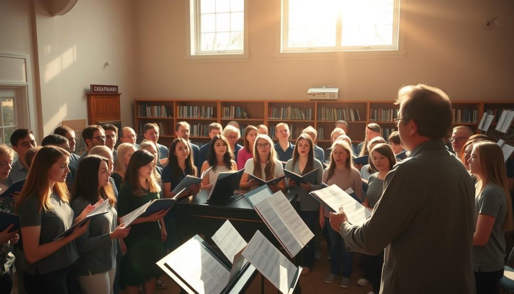 A choral ensemble rehearsal in a sunlit college music room. In the foreground, students stand in neat rows, their faces focused as they sing in harmony, led by a conductor with an expressive baton. Warm natural light filters through large windows, casting a soft glow over the scene. The middle ground features a grand piano and various sheet music, hinting at the academic nature of the activity. In the background, bookcases and music stands suggest an educational environment dedicated to the study of music. The overall atmosphere is one of focused creativity and the joy of collective music-making. A choral ensemble rehearsal in a sunlit college music room. In the foreground, students stand in neat rows, their faces focused as they sing in harmony, led by a conductor with an expressive baton. Warm natural light filters through large windows, casting a soft glow over the scene. The middle ground features a grand piano and various sheet music, hinting at the academic nature of the activity. In the background, bookcases and music stands suggest an educational environment dedicated to the study of music. The overall atmosphere is one of focused creativity and the joy of collective music-making.