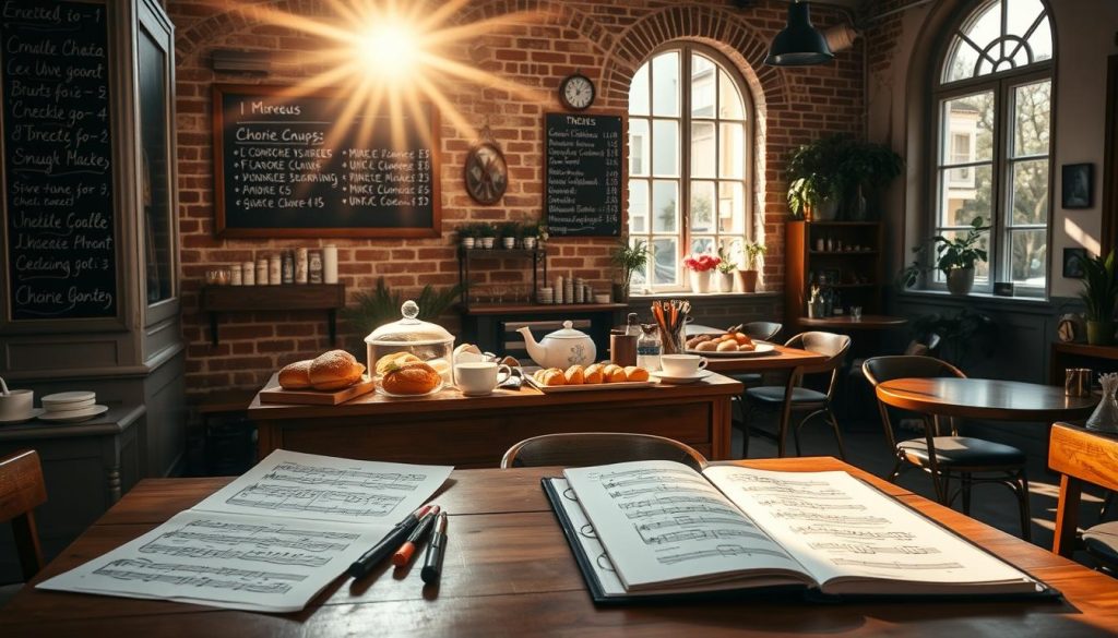 A cozy French cafe interior, with a chalkboard menu hanging on the exposed brick wall. Sunlight streams in through large windows, casting warm golden hues across the scene. In the foreground, a wooden table is set with sheet music, pens, and an open choir binder, hinting at the musical focus of the image. In the middle ground, the cafe's counter showcases an array of delectable pastries and hot drinks, suggesting a welcoming environment for choral groups to gather and plan their programs. The background features additional seating areas, potted plants, and vintage-inspired decor, creating an inviting and charming ambiance for "Idées de programme par durées et niveaux".
