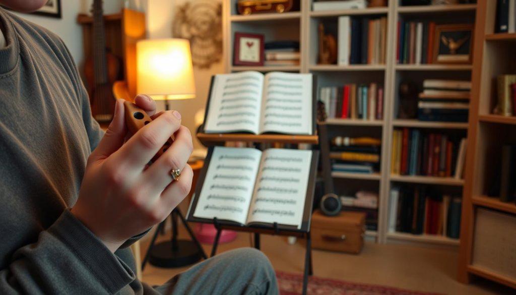 A cozy indoor scene showcasing basic ocarina playing techniques. In the foreground, a person in modest casual clothing intently holds a clay ocarina, focusing on finger positioning. Their hands are highlighted with soft, diffused lighting to accentuate the intricate details of the instrument. The middle ground features a small music stand with sheet music illustrating simple melodies for beginners. A warm, inviting atmosphere is created by a gentle glow from a nearby lamp, casting soft shadows. In the background, shelves filled with various musical instruments and books suggest a dedicated practice space. The overall mood is one of concentration and creativity, inviting novice players to explore the art of ocarina music. A cozy indoor scene showcasing basic ocarina playing techniques. In the foreground, a person in modest casual clothing intently holds a clay ocarina, focusing on finger positioning. Their hands are highlighted with soft, diffused lighting to accentuate the intricate details of the instrument. The middle ground features a small music stand with sheet music illustrating simple melodies for beginners. A warm, inviting atmosphere is created by a gentle glow from a nearby lamp, casting soft shadows. In the background, shelves filled with various musical instruments and books suggest a dedicated practice space. The overall mood is one of concentration and creativity, inviting novice players to explore the art of ocarina music.
