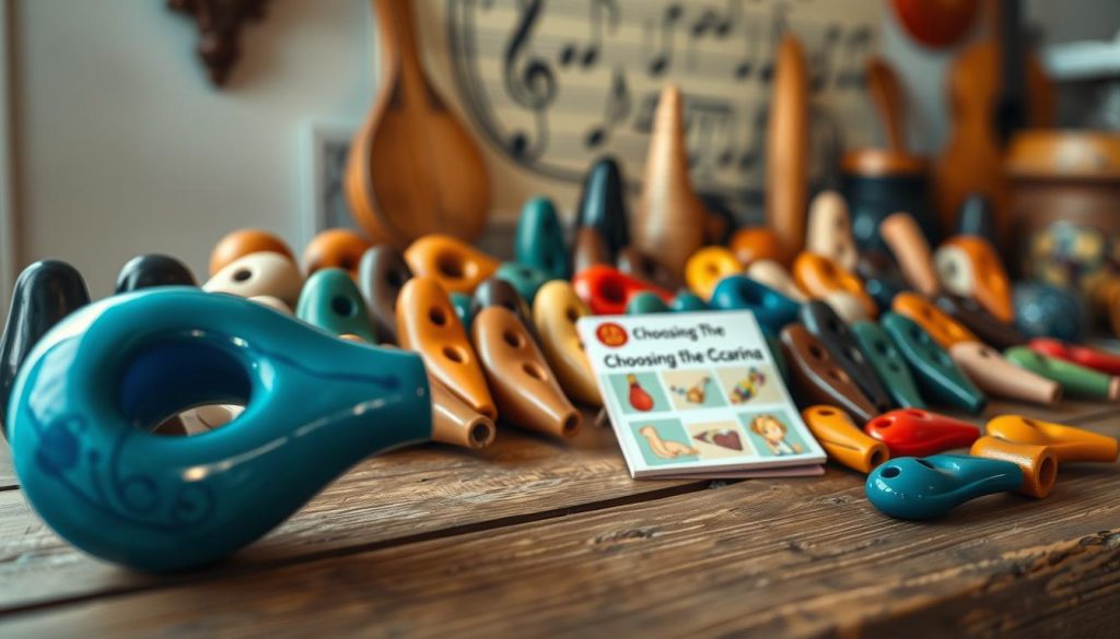 A detailed display of various ocarinas arranged artistically on a rustic wooden table, showcasing different styles, sizes, and colors, including traditional clay, ceramic, and modern designs. The foreground features a close-up of a beautifully crafted blue ocarina, glistening under warm, soft lighting that highlights its curves and texture. In the middle ground, an assortment of ocarinas is placed next to a small guidebook titled "Choosing the Right Ocarina" with colorful illustrations. The background features a blurred music-themed decor, enhancing the musical atmosphere. The scene conveys a mood of creativity and exploration, inviting viewers to ponder their choices in selecting an ocarina. The photo is captured from a slightly elevated angle with a shallow depth of field to focus on the instruments and eliminate distractions. A detailed display of various ocarinas arranged artistically on a rustic wooden table, showcasing different styles, sizes, and colors, including traditional clay, ceramic, and modern designs. The foreground features a close-up of a beautifully crafted blue ocarina, glistening under warm, soft lighting that highlights its curves and texture. In the middle ground, an assortment of ocarinas is placed next to a small guidebook titled "Choosing the Right Ocarina" with colorful illustrations. The background features a blurred music-themed decor, enhancing the musical atmosphere. The scene conveys a mood of creativity and exploration, inviting viewers to ponder their choices in selecting an ocarina. The photo is captured from a slightly elevated angle with a shallow depth of field to focus on the instruments and eliminate distractions.