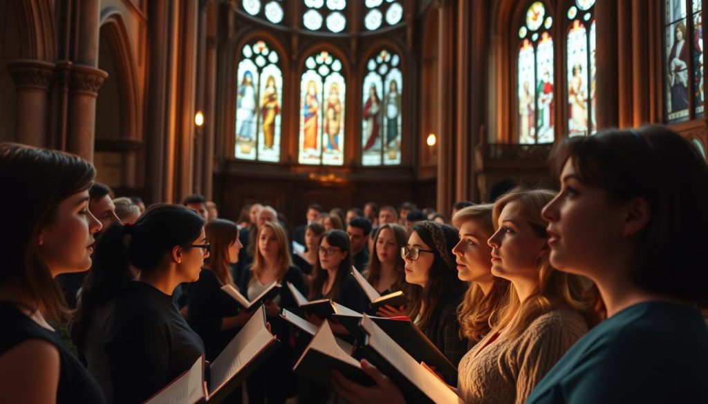 A group of choral singers gathered in a historic cathedral in Toulouse, their voices blending in a harmonious chant. The warm lighting casts a soft glow, highlighting the intricate architectural details and stained glass windows. The singers stand in neat rows, their expressions serene as they immerse themselves in the rich, soulful melody. The scene evokes a sense of reverence and community, capturing the essence of a beginner's choral performance in the vibrant city of Toulouse. A group of choral singers gathered in a historic cathedral in Toulouse, their voices blending in a harmonious chant. The warm lighting casts a soft glow, highlighting the intricate architectural details and stained glass windows. The singers stand in neat rows, their expressions serene as they immerse themselves in the rich, soulful melody. The scene evokes a sense of reverence and community, capturing the essence of a beginner's choral performance in the vibrant city of Toulouse.