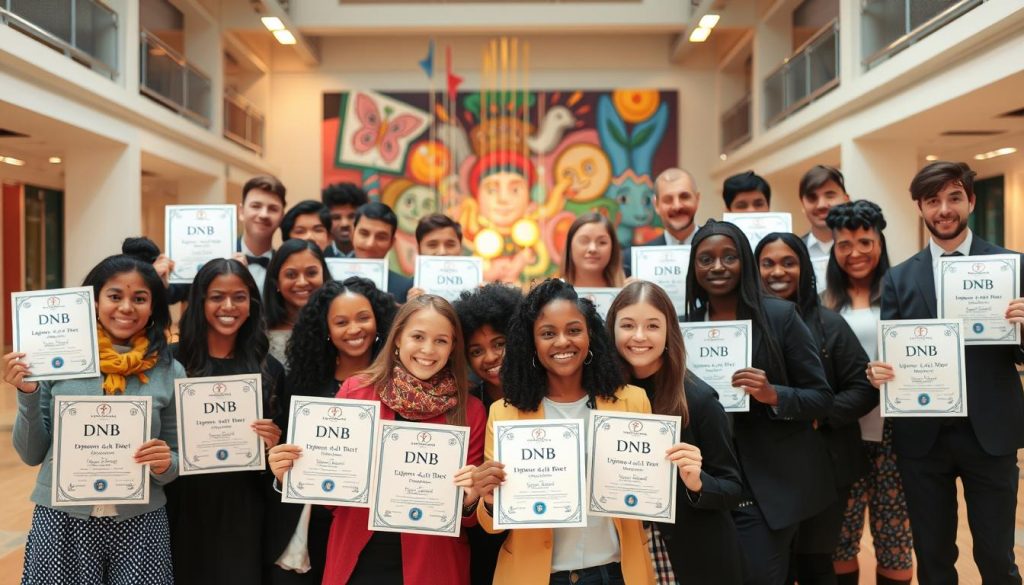 A group of diverse students proudly displaying their Diplôme National du Brevet (DNB) certificates, surrounded by a vibrant, artistic environment. The foreground features the students in a celebratory pose, dressed in formal attire, their faces beaming with pride. The middle ground showcases a colorful mural or installation, reflecting the students' engagement in artistic and cultural activities throughout their education. The background depicts a well-lit, modern school setting, with architectural details that evoke a sense of creativity and learning. The overall mood is one of accomplishment, joy, and the value placed on artistic expression within the educational system. A group of diverse students proudly displaying their Diplôme National du Brevet (DNB) certificates, surrounded by a vibrant, artistic environment. The foreground features the students in a celebratory pose, dressed in formal attire, their faces beaming with pride. The middle ground showcases a colorful mural or installation, reflecting the students' engagement in artistic and cultural activities throughout their education. The background depicts a well-lit, modern school setting, with architectural details that evoke a sense of creativity and learning. The overall mood is one of accomplishment, joy, and the value placed on artistic expression within the educational system.