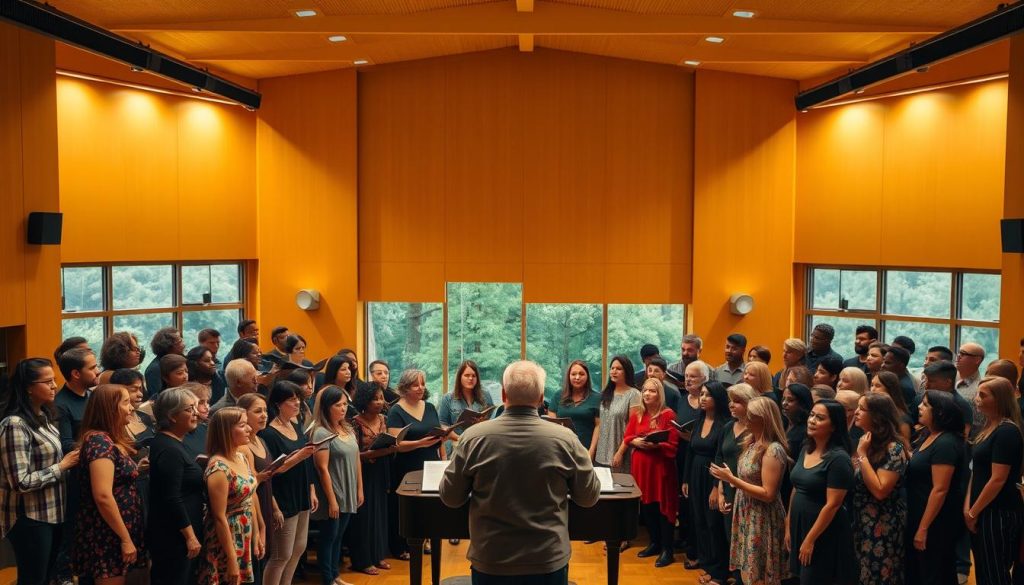A large, well-lit rehearsal room with warm golden lighting and a high ceiling. In the foreground, a choir of diverse singers stands in formation, their faces focused as they harmonize together. The middle ground features a grand piano and a choral conductor, directing the ensemble with expressive gestures. In the background, framed by large windows, a lush green landscape can be seen, adding a sense of tranquility to the scene. The overall atmosphere is one of passion, dedication, and the joy of collective music-making.