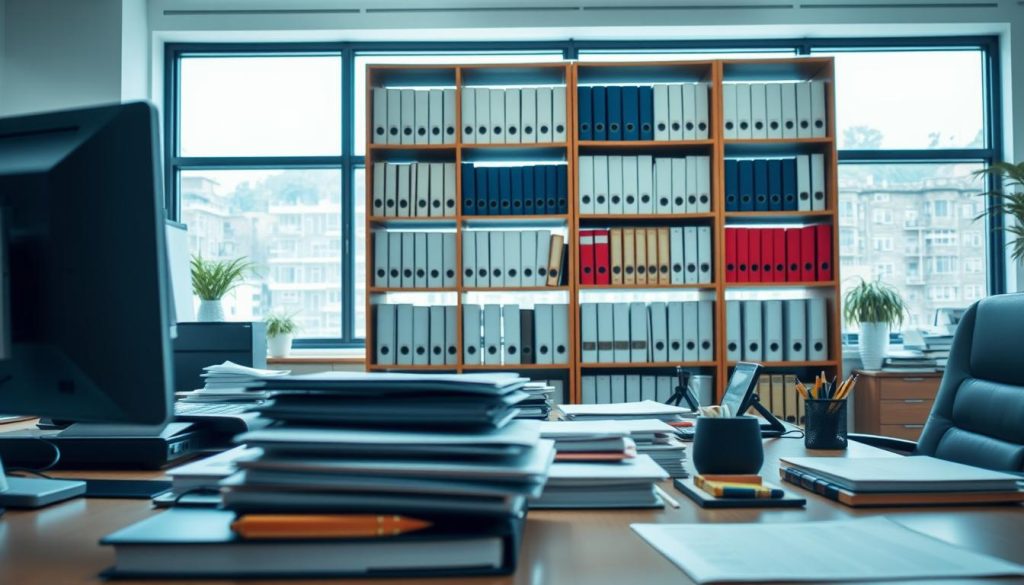 A meticulously organized office setting with a focus on administrative tasks and bureaucratic management. The foreground features a neatly arranged desk with a computer, files, and stationery essentials. The middle ground showcases a bookshelf filled with legal documents and managerial resources. In the background, a large window allows natural light to flood the space, creating a sense of professionalism and efficiency. The overall atmosphere conveys a well-structured, administrative environment dedicated to the efficient handling of institutional processes and procedures. A meticulously organized office setting with a focus on administrative tasks and bureaucratic management. The foreground features a neatly arranged desk with a computer, files, and stationery essentials. The middle ground showcases a bookshelf filled with legal documents and managerial resources. In the background, a large window allows natural light to flood the space, creating a sense of professionalism and efficiency. The overall atmosphere conveys a well-structured, administrative environment dedicated to the efficient handling of institutional processes and procedures.