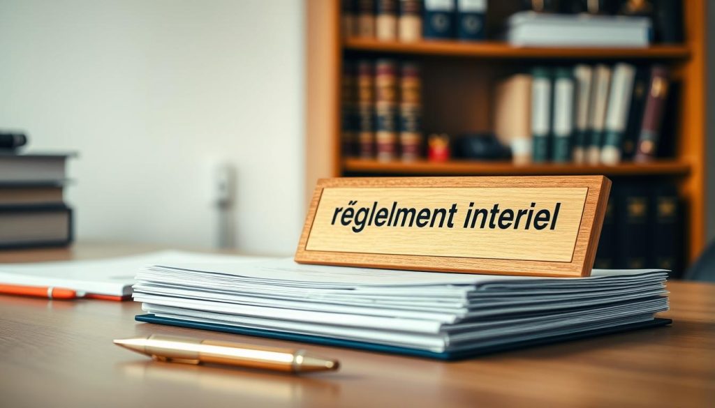 A neatly organized desk, with a stack of documents, a pen, and a meticulously placed nameplate reading "Règlement intérieur" in a warm, wooden frame. The ambient lighting casts a soft glow, creating an atmosphere of professionalism and attention to detail. In the background, a blurred bookshelf filled with legal references and organization manuals, hinting at the importance of establishing a well-structured internal policy. The overall scene conveys a sense of diligence and preparedness, setting the stage for the effective implementation of the association's bylaws.
