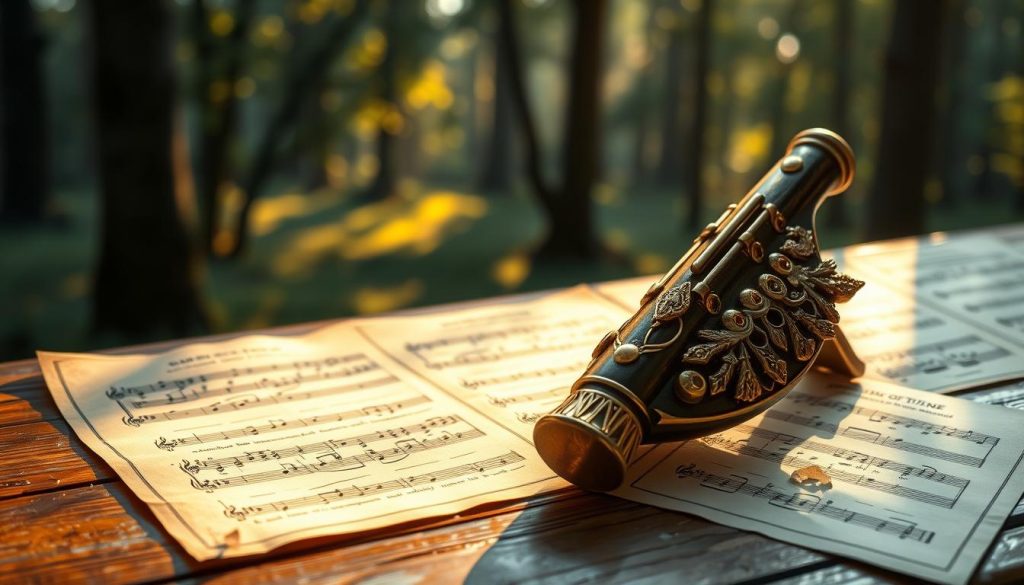 A serene and enchanting scene featuring an ocarina on a wooden table, surrounded by sheet music depicting classic melodies from "Ocarina of Time." In the foreground, the glistening ocarina gleams in warm golden light, casting delicate shadows on the aged paper. The middle ground showcases a softly blurred background of a tranquil forest glade, subtly illuminated by filtered sunlight through the trees, evoking a sense of nostalgia and adventure. The overall atmosphere is whimsical and magical, inviting the viewer into the world of Hyrule. Use a slightly elevated angle to emphasize both the ocarina and the sheet music, creating depth and focus. The lighting should evoke a warm, inviting glow, enhancing the themes of music and exploration. A serene and enchanting scene featuring an ocarina on a wooden table, surrounded by sheet music depicting classic melodies from "Ocarina of Time." In the foreground, the glistening ocarina gleams in warm golden light, casting delicate shadows on the aged paper. The middle ground showcases a softly blurred background of a tranquil forest glade, subtly illuminated by filtered sunlight through the trees, evoking a sense of nostalgia and adventure. The overall atmosphere is whimsical and magical, inviting the viewer into the world of Hyrule. Use a slightly elevated angle to emphasize both the ocarina and the sheet music, creating depth and focus. The lighting should evoke a warm, inviting glow, enhancing the themes of music and exploration.