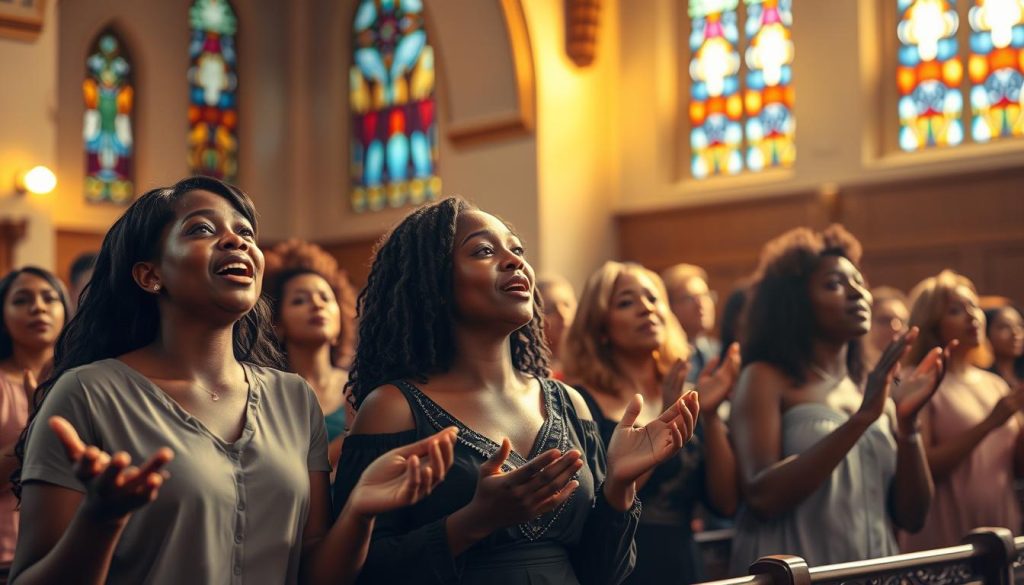 A serene choir of soulful voices, raised in a joyful gospel hymn, bathed in warm, ethereal lighting. The frontline singers sway gently, their expressive faces conveying a deep spiritual connection. Behind them, a choir of supporting vocalists add rich harmonies, their hands clapping in rhythmic praise. In the background, a simple but elegant church interior sets the stage, with ornate wooden pews and stained glass windows casting a kaleidoscope of colors. The overall mood is one of reverence, community, and the transcendent power of music to uplift the soul. A serene choir of soulful voices, raised in a joyful gospel hymn, bathed in warm, ethereal lighting. The frontline singers sway gently, their expressive faces conveying a deep spiritual connection. Behind them, a choir of supporting vocalists add rich harmonies, their hands clapping in rhythmic praise. In the background, a simple but elegant church interior sets the stage, with ornate wooden pews and stained glass windows casting a kaleidoscope of colors. The overall mood is one of reverence, community, and the transcendent power of music to uplift the soul.