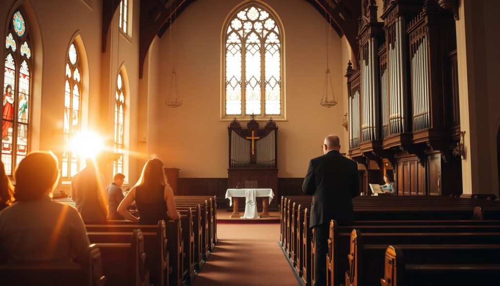 A serene church interior, with warm natural lighting filtering through stained glass windows. In the foreground, a congregation member engages with a church representative at a reception desk, discussing the reservation process for an upcoming wedding ceremony. The middle ground showcases elegant wooden pews and a modest altar, setting the stage for the sacred event. In the background, a large ornate organ dominates the space, hinting at the musical accompaniment to come. The overall atmosphere conveys a sense of reverence, tradition, and the sacred nature of the wedding ceremony booking. A serene church interior, with warm natural lighting filtering through stained glass windows. In the foreground, a congregation member engages with a church representative at a reception desk, discussing the reservation process for an upcoming wedding ceremony. The middle ground showcases elegant wooden pews and a modest altar, setting the stage for the sacred event. In the background, a large ornate organ dominates the space, hinting at the musical accompaniment to come. The overall atmosphere conveys a sense of reverence, tradition, and the sacred nature of the wedding ceremony booking.