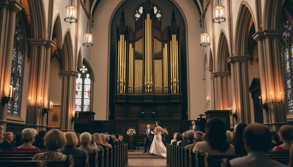 A serene interior of a classic European church, the soft glow of candlelight illuminating the ornate wooden pews and intricate stained glass windows. In the foreground, a grand pipe organ stands majestically, its pipes reaching up towards the vaulted ceilings. Worshippers sit quietly, lost in contemplation, as the acoustic space amplifies the rich harmonies of a live choir performance. The scene exudes a sense of reverence and tranquility, creating the perfect atmosphere for a memorable wedding ceremony. A serene interior of a classic European church, the soft glow of candlelight illuminating the ornate wooden pews and intricate stained glass windows. In the foreground, a grand pipe organ stands majestically, its pipes reaching up towards the vaulted ceilings. Worshippers sit quietly, lost in contemplation, as the acoustic space amplifies the rich harmonies of a live choir performance. The scene exudes a sense of reverence and tranquility, creating the perfect atmosphere for a memorable wedding ceremony.