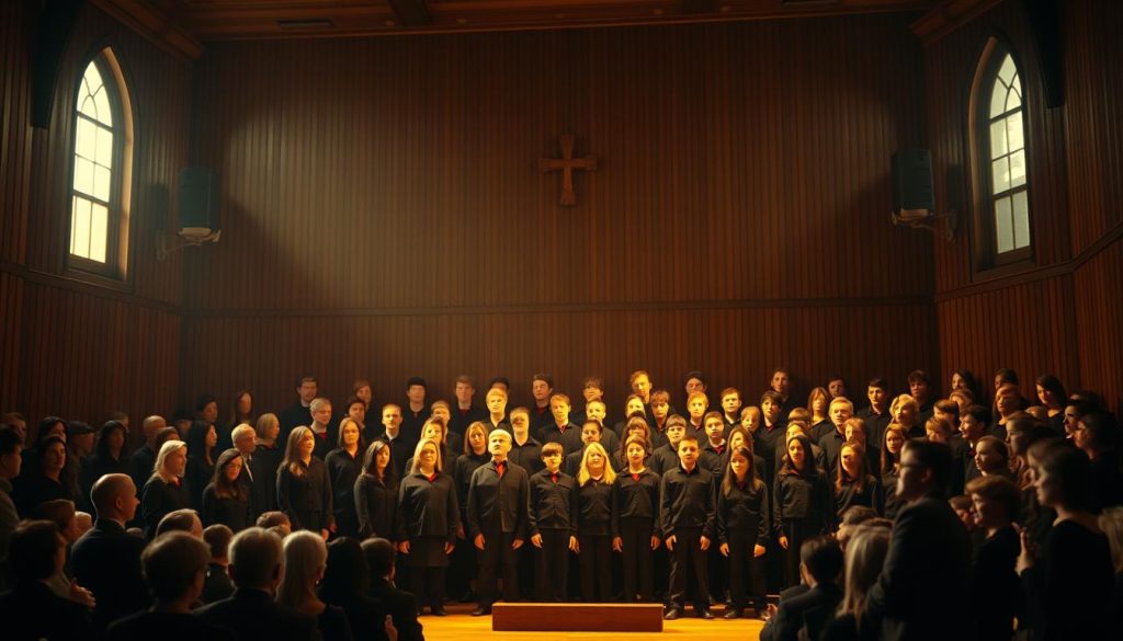 A serene, intimate choral performance in a dimly lit, wood-paneled concert hall. Rows of earnest, youthful choristers in dark uniforms stand center stage, their faces aglow under warm, amber-tinted spotlights. The audience sits in hushed reverence, the air thick with the soulful harmonies of the "Chant des Partisans" from the beloved film "Les Choristes." Soft, natural light filters in from high, arched windows, casting a nostalgic, golden glow across the scene. A sense of timeless tradition and communal spirit pervades the room, evoking the resurgence of French choral music in the wake of the film's enduring impact.