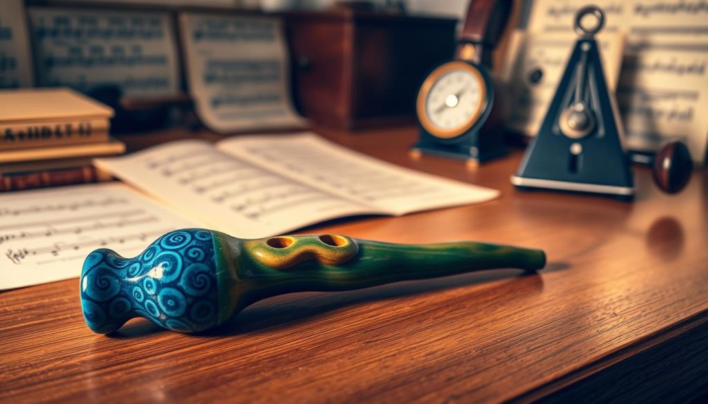 A serene music studio setting showcasing three distinct ocarinas: a soprano, an alto, and a bass, carefully placed on a polished wooden table. The foreground features the soprano ocarina in a vibrant blue glaze with intricate designs; next to it, the alto ocarina in earthy green tones, displaying its slightly larger size. In the background, a dark-toned bass ocarina rests, drawing attention with its rich texture. Soft, warm lighting creates a cozy atmosphere, highlighting the glossy surfaces of the instruments and casting gentle shadows. A blurred background of music sheets and a vintage metronome hint at a musician's workshop, evoking a sense of creativity and inspiration in the art of ocarina playing. A serene music studio setting showcasing three distinct ocarinas: a soprano, an alto, and a bass, carefully placed on a polished wooden table. The foreground features the soprano ocarina in a vibrant blue glaze with intricate designs; next to it, the alto ocarina in earthy green tones, displaying its slightly larger size. In the background, a dark-toned bass ocarina rests, drawing attention with its rich texture. Soft, warm lighting creates a cozy atmosphere, highlighting the glossy surfaces of the instruments and casting gentle shadows. A blurred background of music sheets and a vintage metronome hint at a musician's workshop, evoking a sense of creativity and inspiration in the art of ocarina playing.