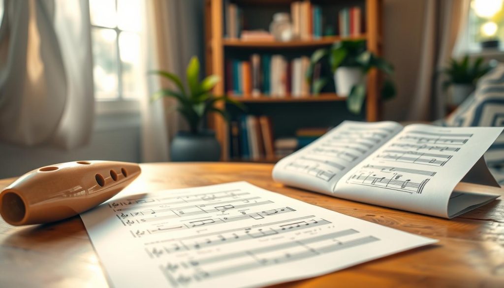 A serene scene featuring a close-up of an ocarina lying on a wooden table, with sheet music for simple melodies gently unfurled beside it. In the foreground, the ocarina, with its smooth, ceramic surface and multiple finger holes, reflects soft, natural light from a nearby window. In the middle, the sheet music showcases easy melodies, with clear notation and a few notes highlighted. The background features a cozy room adorned with calming colors, including a bookshelf filled with music books and a potted plant, evoking a peaceful atmosphere for learning and creativity. The lighting is warm and inviting, creating a sense of tranquility and focus, ideal for a beginner’s practice space. A serene scene featuring a close-up of an ocarina lying on a wooden table, with sheet music for simple melodies gently unfurled beside it. In the foreground, the ocarina, with its smooth, ceramic surface and multiple finger holes, reflects soft, natural light from a nearby window. In the middle, the sheet music showcases easy melodies, with clear notation and a few notes highlighted. The background features a cozy room adorned with calming colors, including a bookshelf filled with music books and a potted plant, evoking a peaceful atmosphere for learning and creativity. The lighting is warm and inviting, creating a sense of tranquility and focus, ideal for a beginner’s practice space.