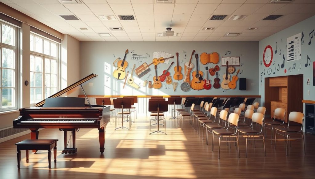 A spacious music classroom bathed in soft, natural light streaming through large windows. A grand piano stands prominently in the foreground, its polished surface reflecting the warmth of the room. In the middle ground, rows of music stands and chairs await eager students, ready to explore the intricacies of music theory and composition. The back wall is adorned with a vibrant mural depicting various musical instruments, creating a visually stimulating and inspiring backdrop. The overall atmosphere exudes a sense of creativity, learning, and the pursuit of musical excellence, perfectly capturing the essence of "éducation musicale". A spacious music classroom bathed in soft, natural light streaming through large windows. A grand piano stands prominently in the foreground, its polished surface reflecting the warmth of the room. In the middle ground, rows of music stands and chairs await eager students, ready to explore the intricacies of music theory and composition. The back wall is adorned with a vibrant mural depicting various musical instruments, creating a visually stimulating and inspiring backdrop. The overall atmosphere exudes a sense of creativity, learning, and the pursuit of musical excellence, perfectly capturing the essence of "éducation musicale".