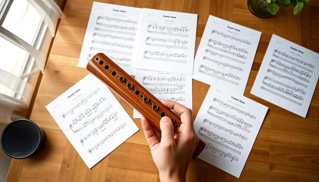A top-down view of a soft wooden table filled with colorful ocarina sheet music and tablature specifically designed for beginners. In the foreground, a hand gently holds an ocarina, hinting at its use. The middle area features neatly arranged sheets of music with clear, legible notes and tablature, creating a sense of organization. In the background, a soft, diffused natural light filters in through a nearby window, casting gentle shadows and highlighting the textured paper. The overall atmosphere is warm and inviting, suggesting a peaceful and focused environment for learning music. The image evokes a sense of creativity and inspiration, ideal for music beginners eager to start their ocarina journey. A top-down view of a soft wooden table filled with colorful ocarina sheet music and tablature specifically designed for beginners. In the foreground, a hand gently holds an ocarina, hinting at its use. The middle area features neatly arranged sheets of music with clear, legible notes and tablature, creating a sense of organization. In the background, a soft, diffused natural light filters in through a nearby window, casting gentle shadows and highlighting the textured paper. The overall atmosphere is warm and inviting, suggesting a peaceful and focused environment for learning music. The image evokes a sense of creativity and inspiration, ideal for music beginners eager to start their ocarina journey.