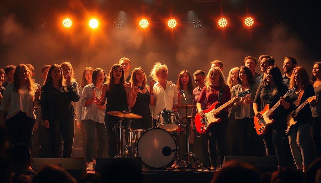 A vibrant, dynamic choir performance on a dimly lit stage, with a mesmerizing fusion of pop and rock elements. In the foreground, the choir members sway in unison, their expressive faces illuminated by warm, golden spotlights. The middle ground features a sleek, modern drum kit and electric guitars, their shapes and textures hinting at the energetic musical accompaniment. The background is shrouded in a soft, atmospheric haze, creating a sense of depth and immersion. The overall scene evokes a captivating, accessible choral arrangement that seamlessly blends contemporary musical styles, inviting the audience to connect with the powerful, yet approachable performance.