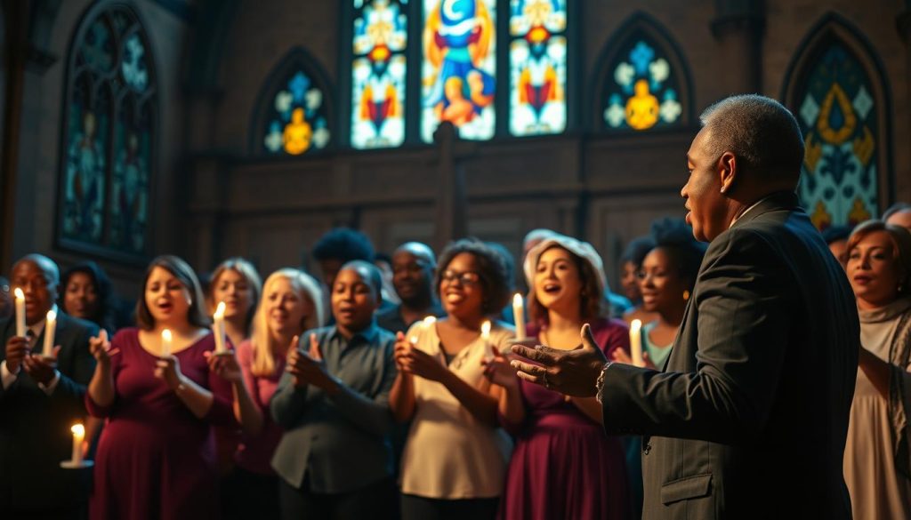 A vibrant gospel choir performing live on a dimly lit church stage, the soft glow of candles illuminating their faces as they sing with soulful passion. In the foreground, the choir leader conducts the ensemble, their hands gracefully guiding the harmonies. In the middle ground, the choir members sway and clap, their voices blending in a rich tapestry of sound. The background features the ornate architecture of the church, stained glass windows casting an ethereal light over the scene. The overall atmosphere is one of reverence, emotion, and the transformative power of live gospel music. A vibrant gospel choir performing live on a dimly lit church stage, the soft glow of candles illuminating their faces as they sing with soulful passion. In the foreground, the choir leader conducts the ensemble, their hands gracefully guiding the harmonies. In the middle ground, the choir members sway and clap, their voices blending in a rich tapestry of sound. The background features the ornate architecture of the church, stained glass windows casting an ethereal light over the scene. The overall atmosphere is one of reverence, emotion, and the transformative power of live gospel music.