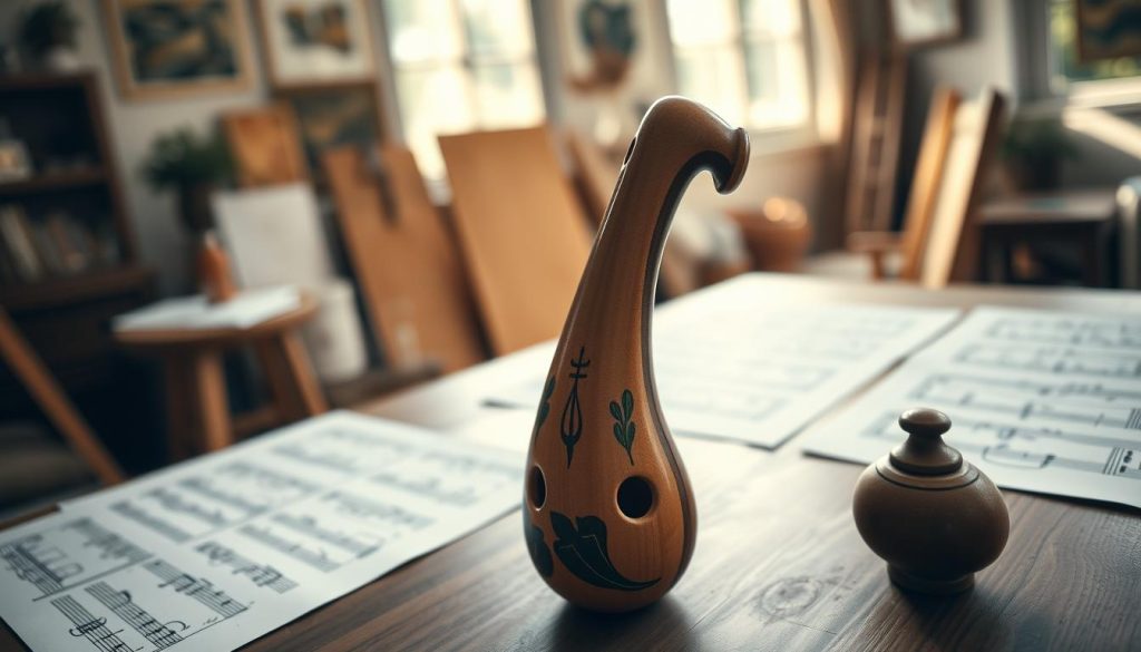 An elegant ocarina instrument prominently displayed in the foreground, showcasing its distinct curved shape and intricate details, such as hand-painted designs and air holes. The background features a soft-focus art studio setting, with warm, natural light streaming in through a window, creating a serene atmosphere. In the middle ground, a wooden table is adorned with sheets of music notation, emphasizing the instrument's musical context. The camera angle is slightly above, capturing the ocarina with a shallow depth of field to highlight its craftsmanship and texture. The mood is calm and inviting, reflecting the rich history and functionality of the ocarina as a melodic instrument. An elegant ocarina instrument prominently displayed in the foreground, showcasing its distinct curved shape and intricate details, such as hand-painted designs and air holes. The background features a soft-focus art studio setting, with warm, natural light streaming in through a window, creating a serene atmosphere. In the middle ground, a wooden table is adorned with sheets of music notation, emphasizing the instrument's musical context. The camera angle is slightly above, capturing the ocarina with a shallow depth of field to highlight its craftsmanship and texture. The mood is calm and inviting, reflecting the rich history and functionality of the ocarina as a melodic instrument.