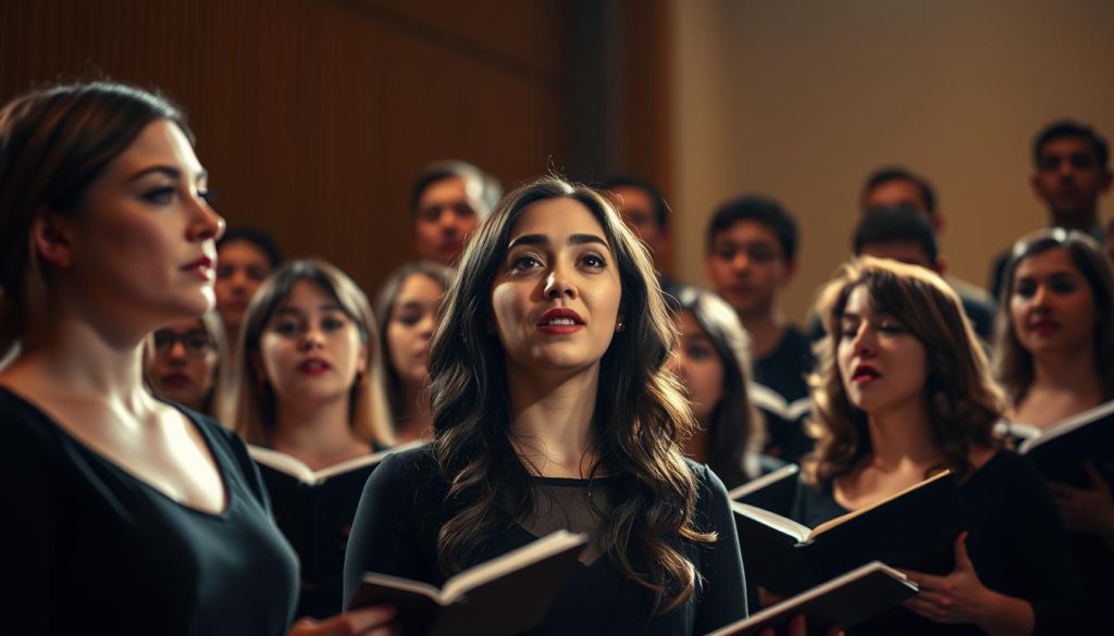 Prompt A choral ensemble harmoniously performing on a stage, the singers' voices blending in a delicate balance of tessituras. The foreground features three vocalists - soprano, alto, and tenor - their faces serene and focused, their posture upright and confident. The middle ground reveals the rest of the choir, their expressions earnest as they lend their voices to the collective sound. Soft, warm lighting casts a gentle glow, accentuating the singers' features and creating an atmosphere of tranquility and musical unity. The background is slightly blurred, allowing the audience's attention to remain on the captivating performance. An overall sense of equilibrium and vocal mastery permeates the scene.