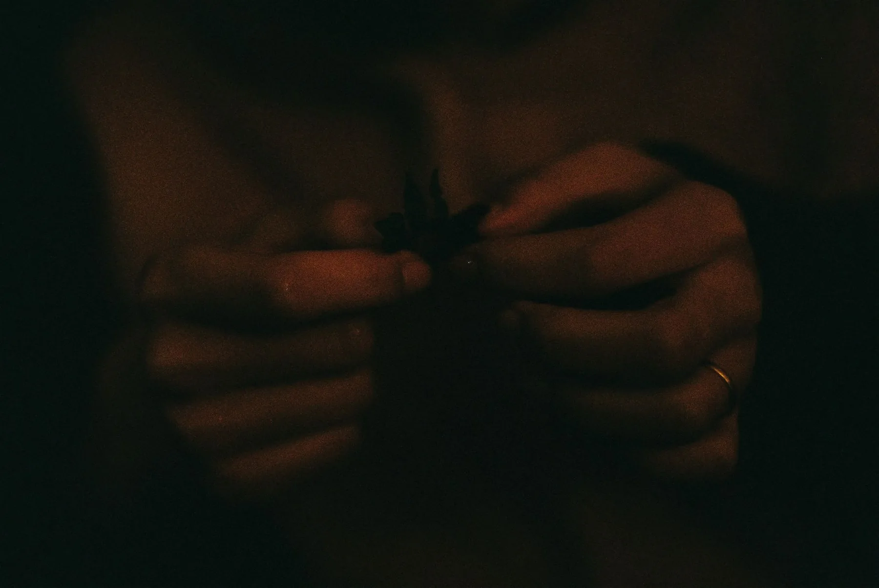 Hands holding a dark ocarina
